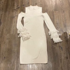 Sweater dress shoulder cut out with fringe